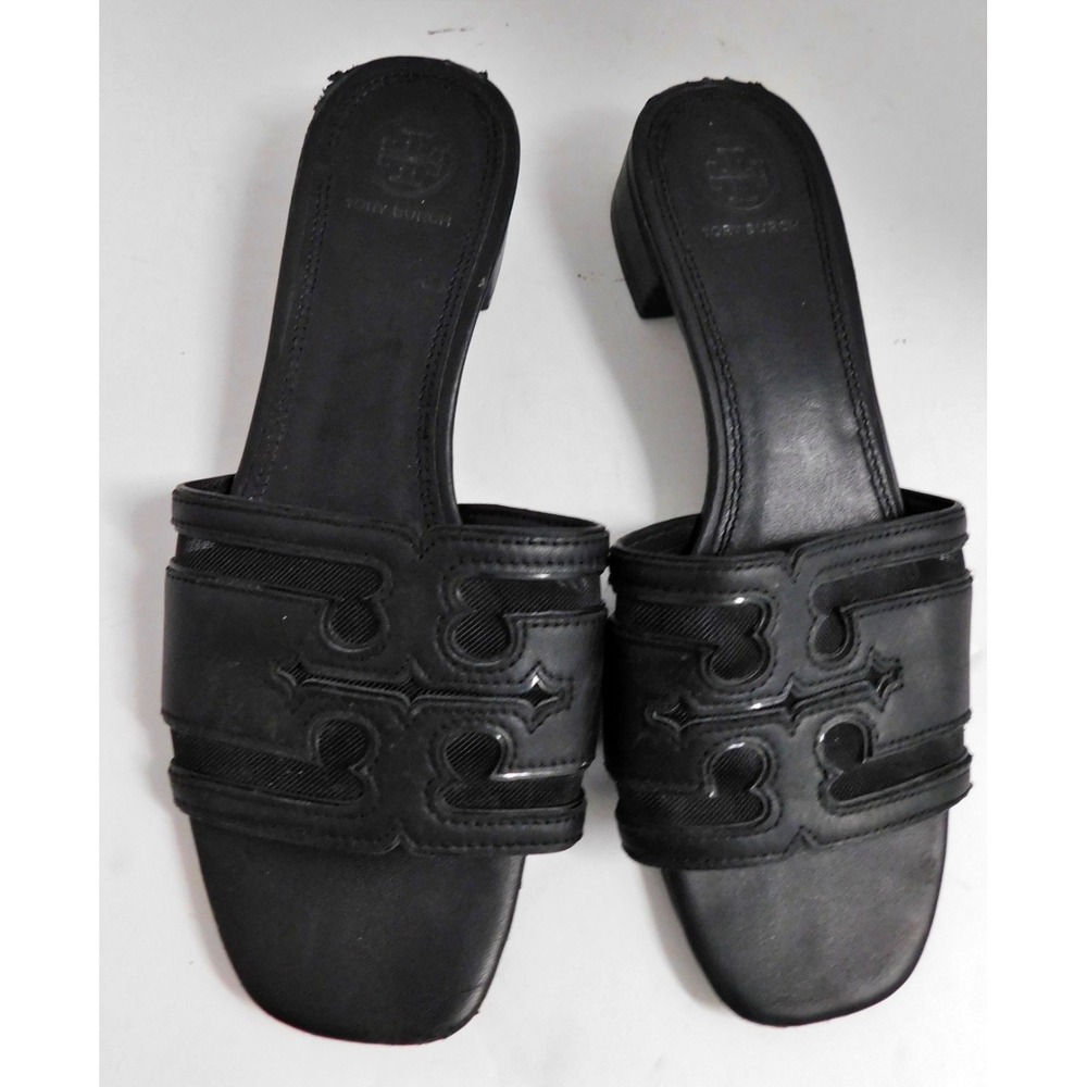 Tory Burch Black Stitched Slide Leather Mesh Patent Slide Sandals 7.5 M